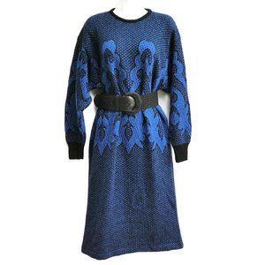 MeTaLLiC Italy Honeybee Vintage Sweater Dress Lurex Blue Black Wool Blend Knit M